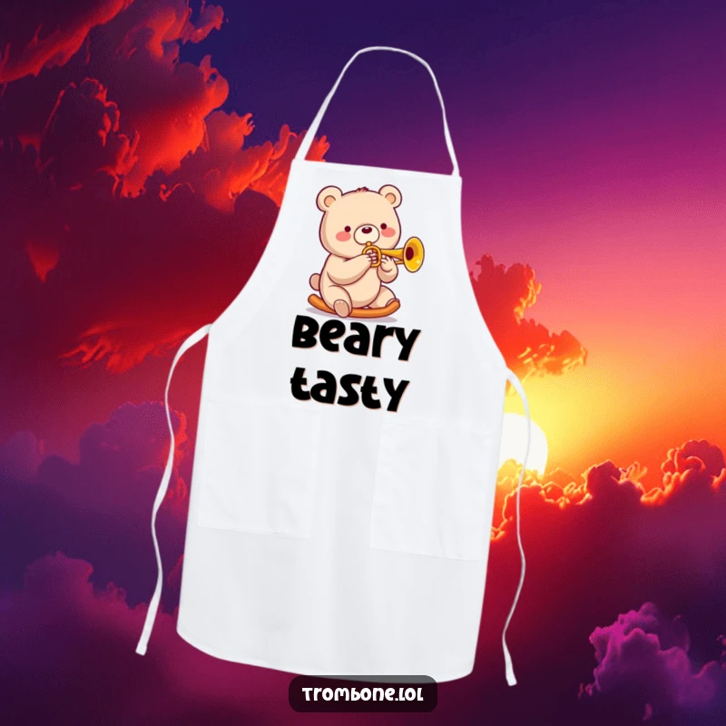 Funny bear apron with a cheerful bear sliding on a trombone, a big smile bringing musical cheer to the kitchen.