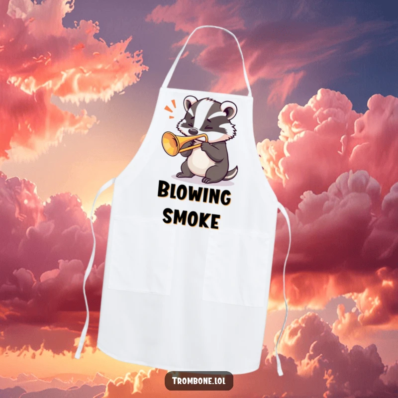 Funny badger apron with a determined badger blowing a loud note from a trombone, bringing powerful musical humor to cooking.