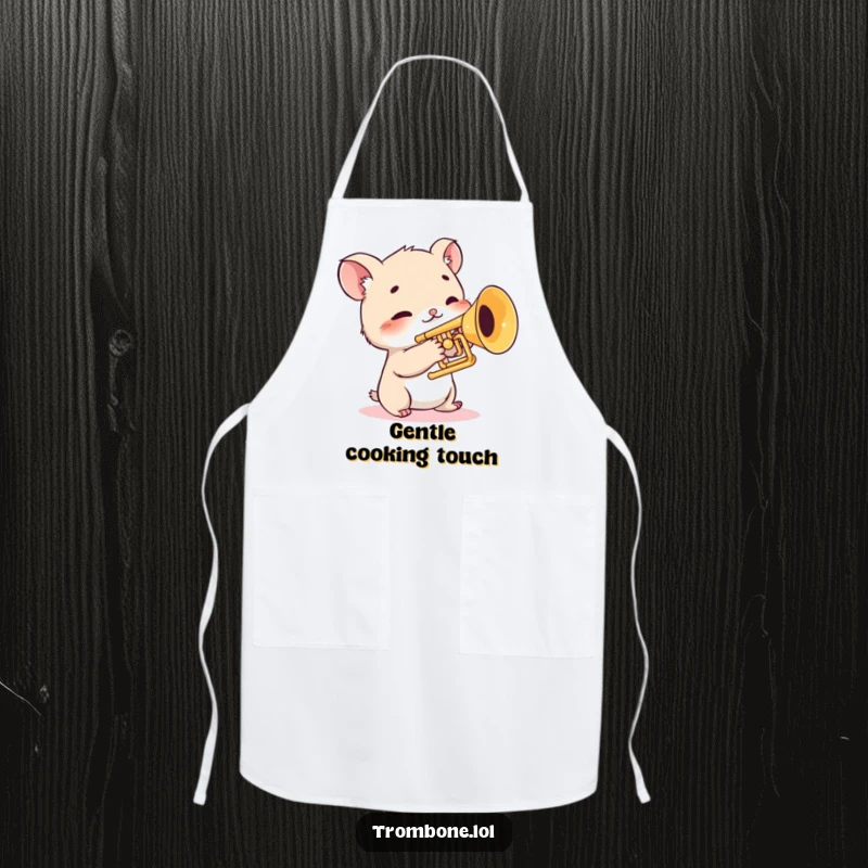 Funny apron with a shy creature cautiously touching trombone valves, kitchen accessory, musical chef humor, timid animal.