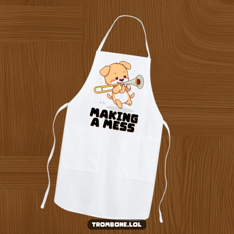 Funny apron design of a playful puppy chasing its tail while comically holding the slide of a trombone in a kitchen setting.