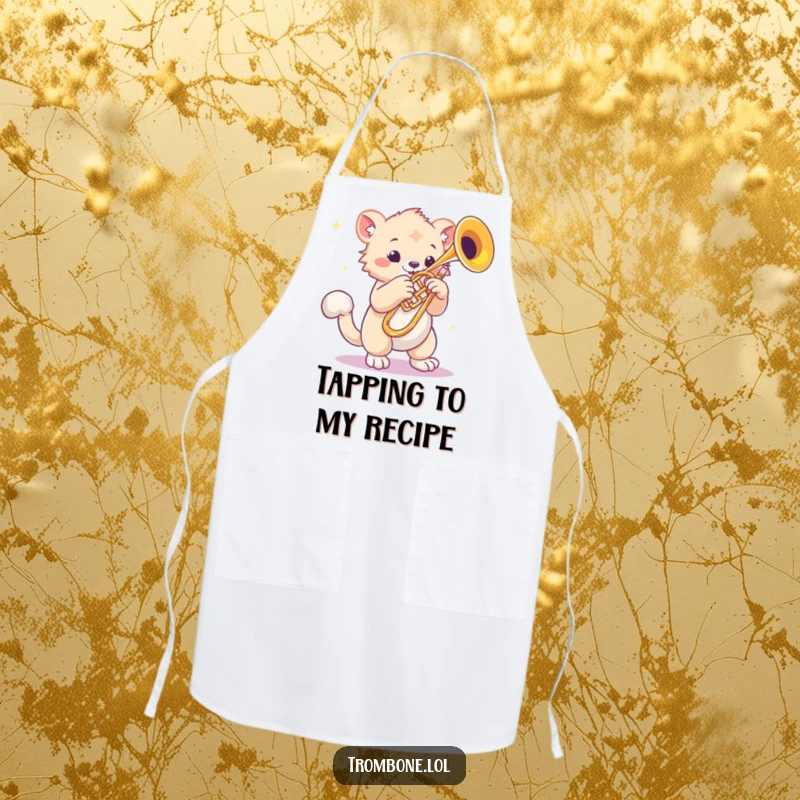 Funny apron with a creature featuring bouncy paws tapping rhythmically next to a shiny trombone, kitchen accessory, musical chef humor.