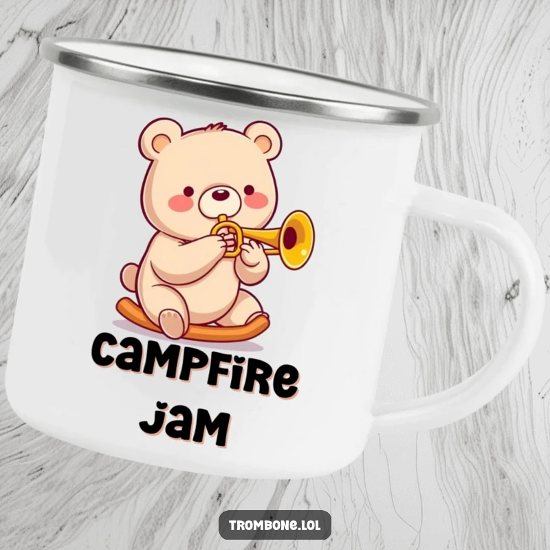 Funny bear camping mug showing a cheerful bear sliding on a trombone with a big smile, perfect for outdoor jazz lovers.