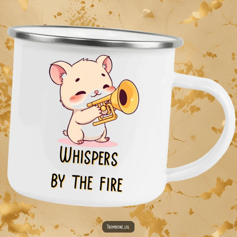 Funny camping mug with a shy creature cautiously touching trombone valves, durable outdoor mug, music theme, timid animal.