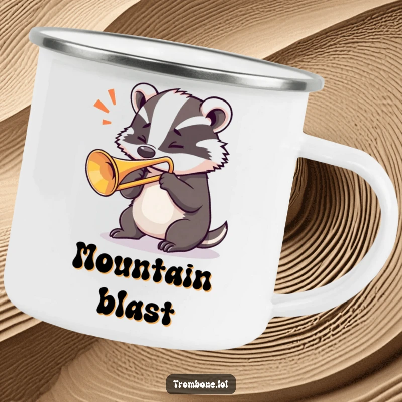 Funny badger camping mug showing a determined badger blowing a loud note from a trombone, perfect for outdoor brass lovers.