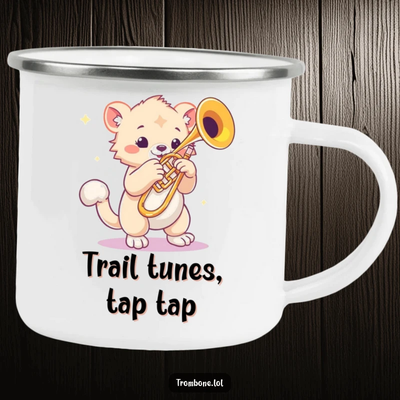 Funny camping mug with a creature featuring bouncy paws tapping rhythmically next to a shiny trombone, durable outdoor mug, music theme.