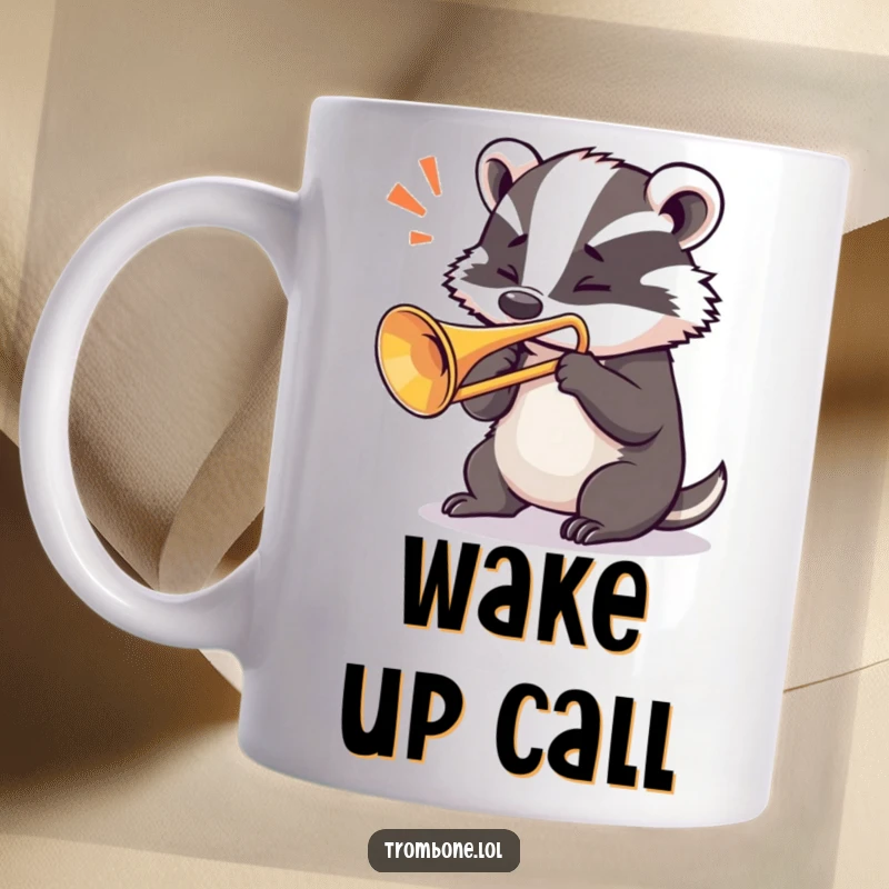 Funny badger mug depicting a focused badger blowing a loud, powerful note from a trombone with intense concentration.