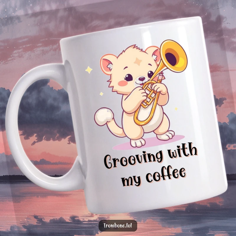 Funny mug showing a creature with bouncy paws rhythmically tapping next to a shiny trombone, musical percussion humor, animal character.