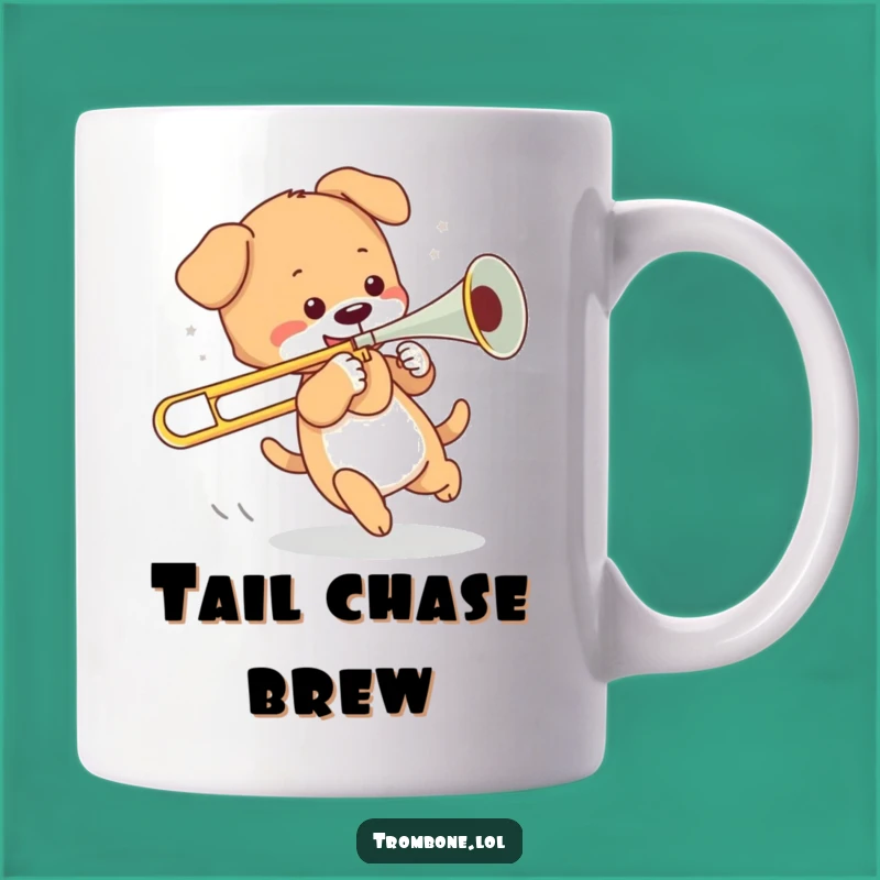Funny Puppy Trombone Tail Chase Mug - Playful Dog Music Gift