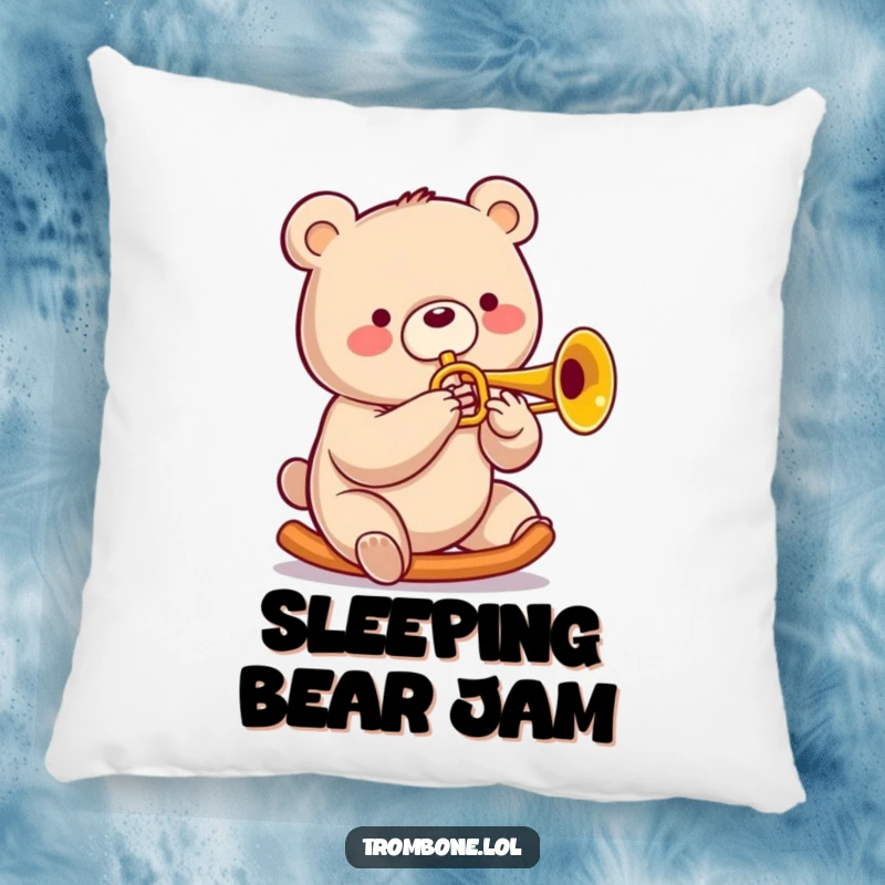 Funny bear pillow showing a cheerful bear sliding on a trombone with a wide smile, embodying musical comfort.