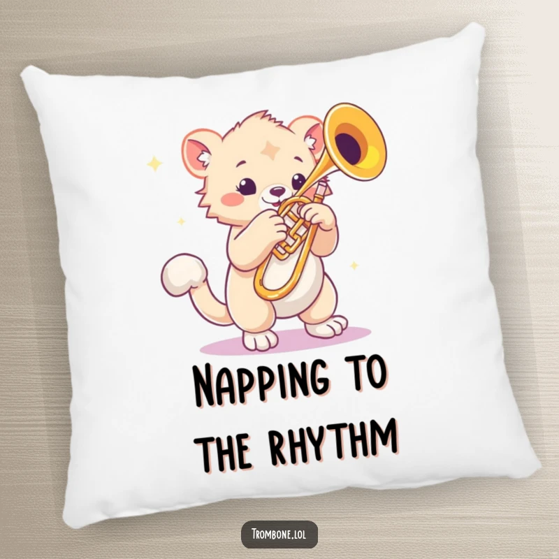 Funny pillow featuring a creature with bouncy paws tapping rhythmically next to a gleaming trombone, comfortable home decor, musical humor.