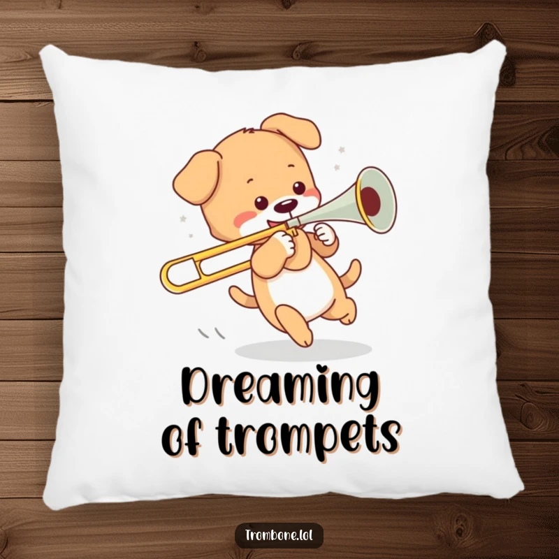 Funny pillow graphic of a playful puppy chasing its tail, hilariously interacting with the slide of a trombone, adding charm.