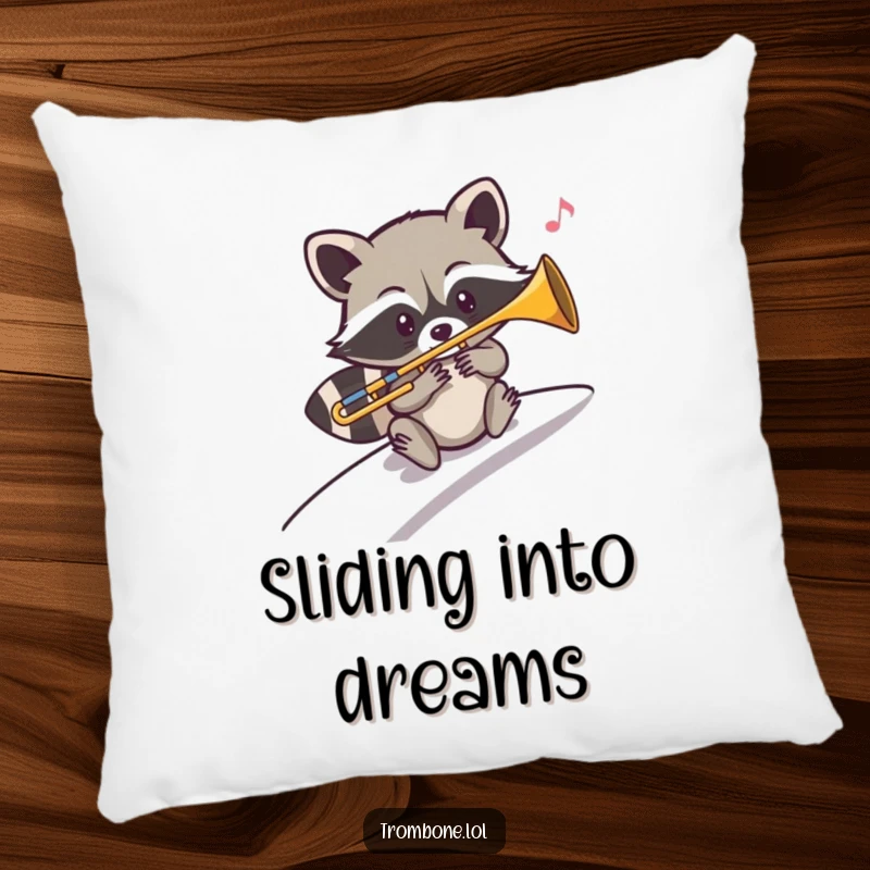 Funny pillow graphic of a mischievous raccoon playing a sliding trombone note while descending a slope, adding jazzy charm.