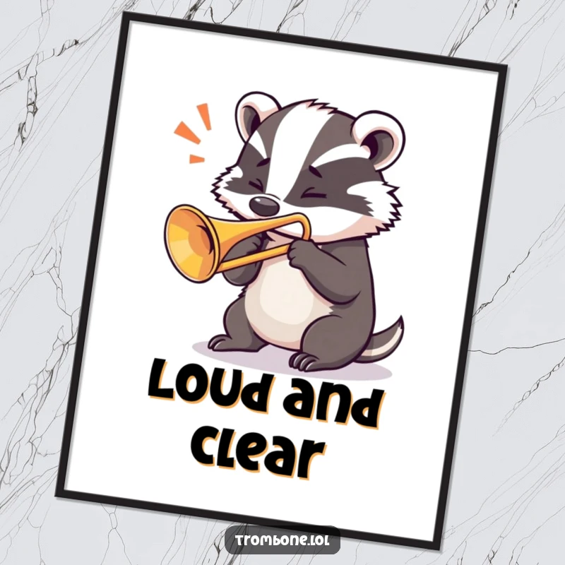Funny badger digital art print showing a determined badger blowing a loud note from a trombone, embodying musical prowess.
