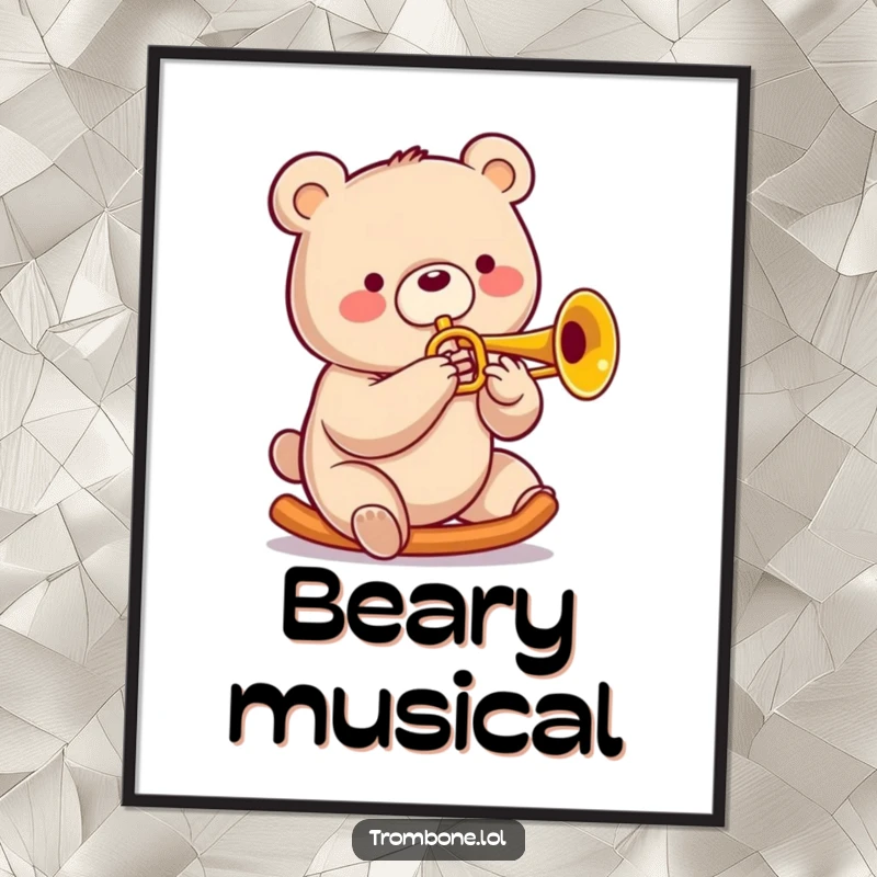 Funny bear digital art print showing a cheerful bear joyfully sliding on a trombone, radiating musical happiness.