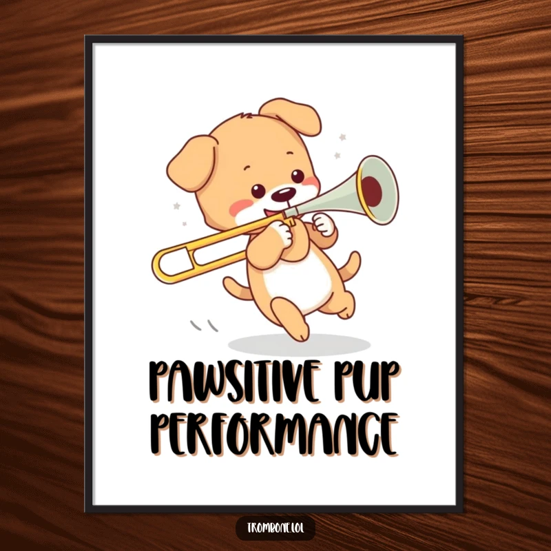 Funny digital art of a playful puppy chasing its tail while comically holding the slide of a trombone, full of energy.