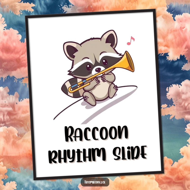 Funny digital art of a mischievous raccoon sliding down a slope, playing a trombone with a jazzy, joyful expression.
