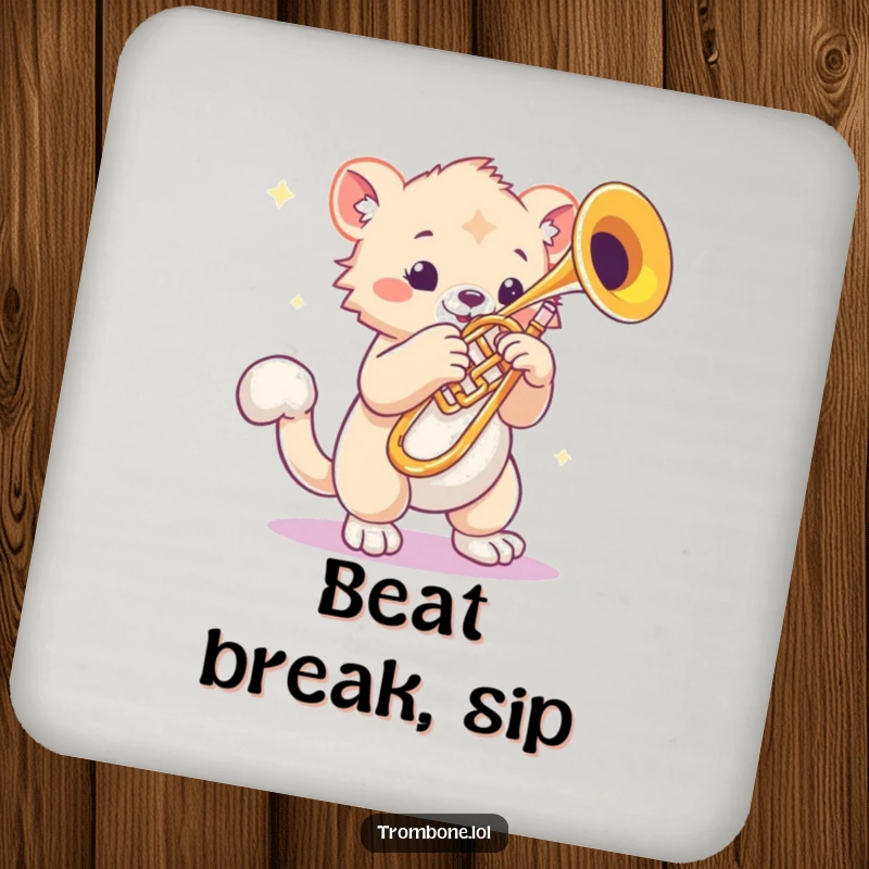 Funny drink coaster with a creature featuring bouncy paws tapping rhythmically next to a gleaming trombone, protecting surfaces with musical humor.