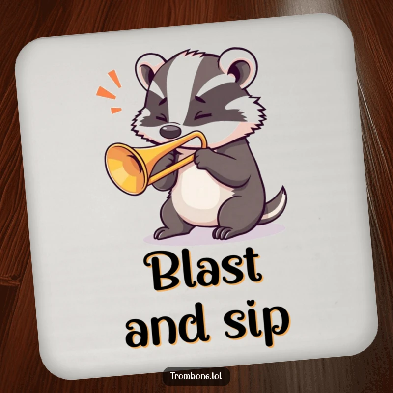 Funny badger trombone coaster depicting a determined badger blowing a loud note from a trombone, adding musical impact.
