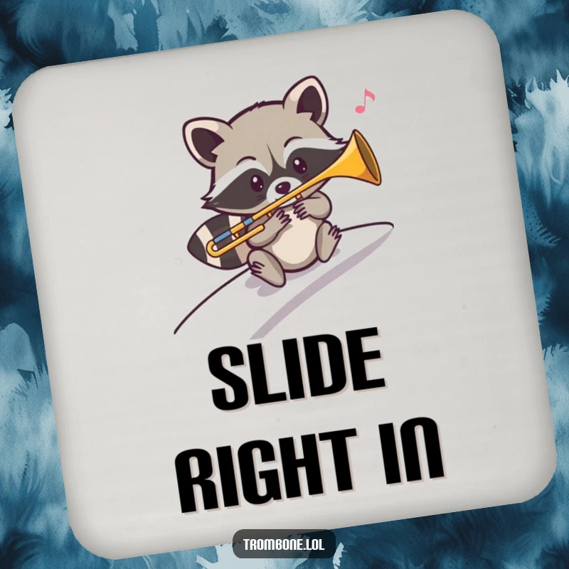 Funny drink coaster depicting a mischievous raccoon playing a sliding trombone note with musical flair while descending a slope.