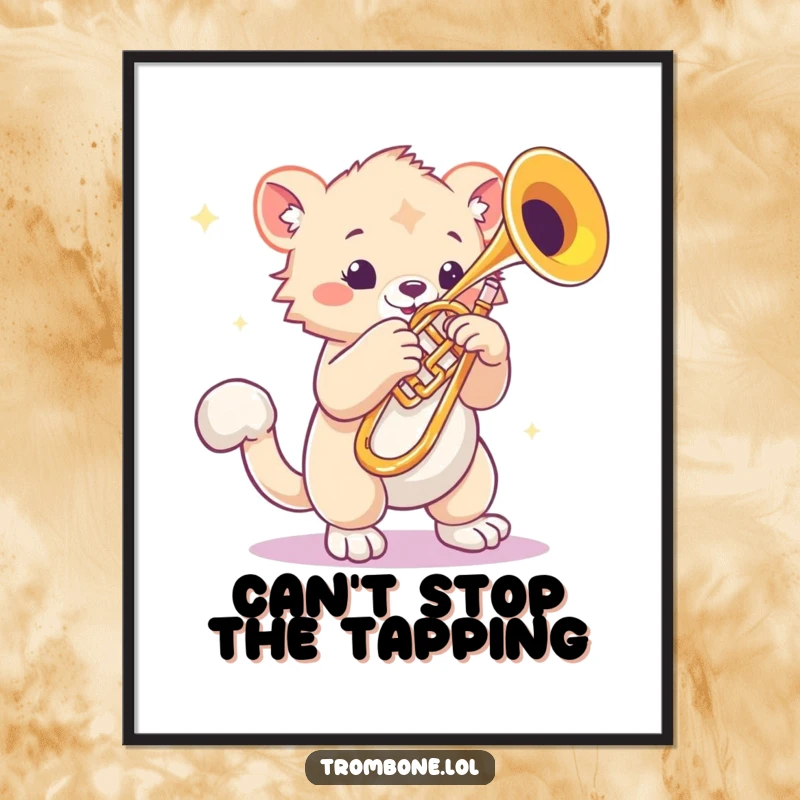 Funny poster art of a creature with bouncy paws tapping rhythmically beside a shiny trombone, musical wall decor, energetic animal illustration.