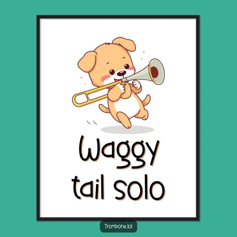 Funny Puppy Trombone Tail Chase Poster - Whimsical Dog Art Gift