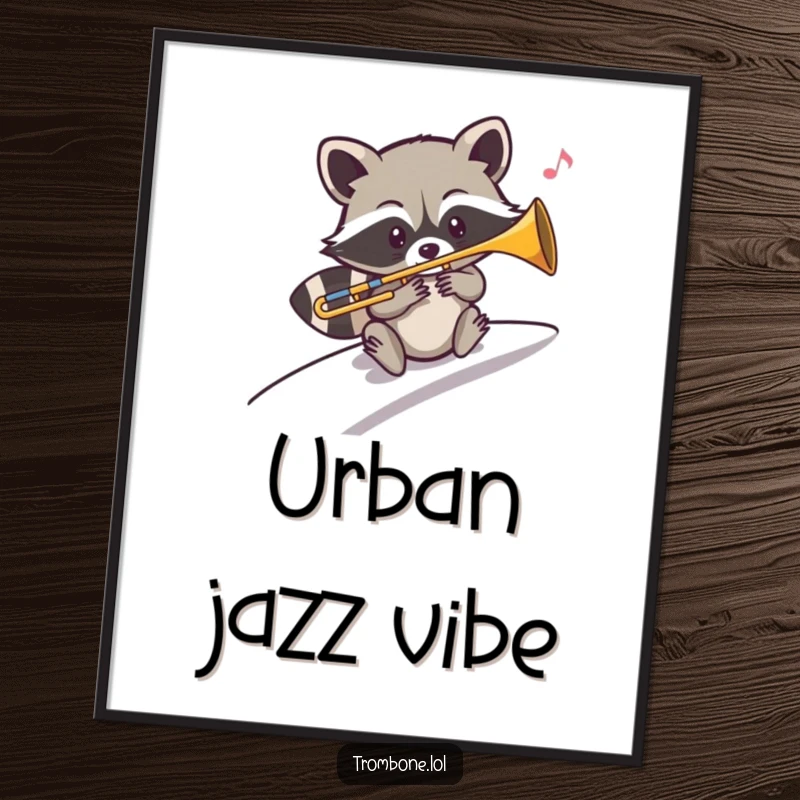 Funny poster art of a mischievous raccoon gracefully sliding down a slope while playing a trombone with musical notes trailing.