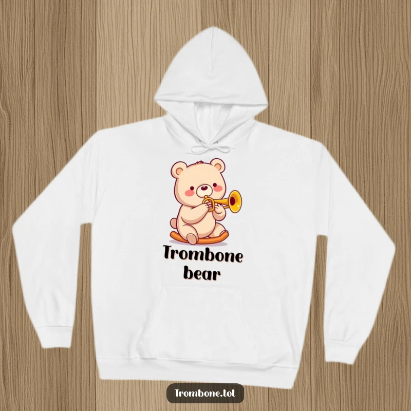 Funny bear hoodie showing a cheerful bear gleefully sliding on a trombone, radiating warmth and musical happiness.