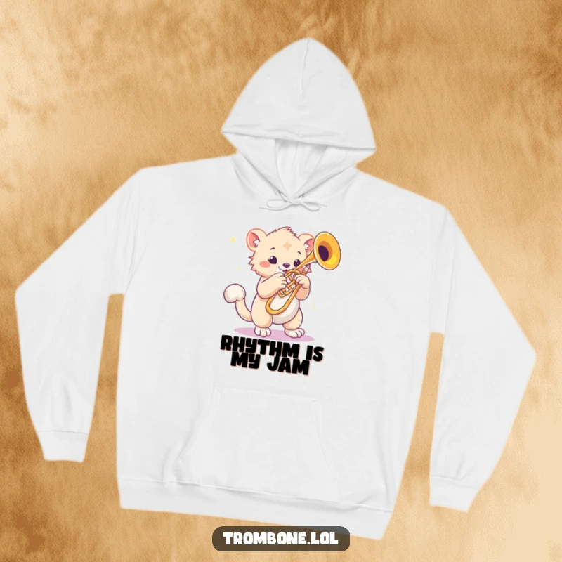 Funny hoodie with a creature featuring bouncy paws tapping rhythmically beside a shiny trombone, cozy music apparel, humorous illustration.