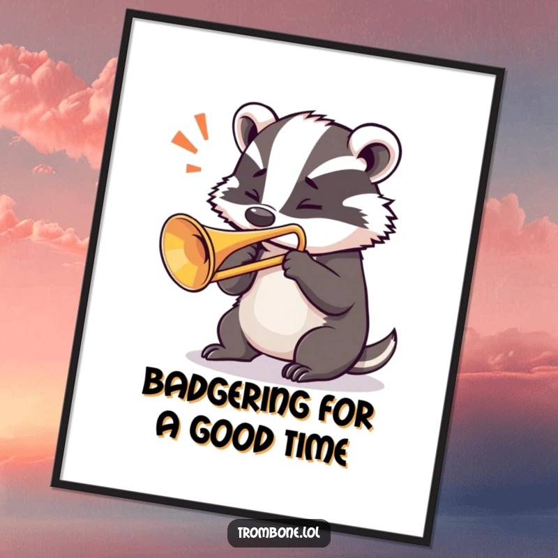 Funny Free Printable Wall Art: A determined badger with intense focus, blowing a loud note from a trombone, strong musical illustration.