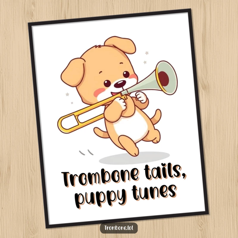 Funny Free Printable Wall Art: A playful puppy spinning in circles while holding the slide of a trombone.