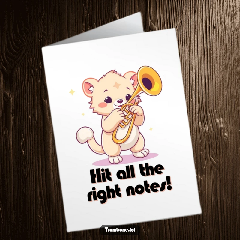 Funny Free Printable Congratulations Card: Creature with bouncy paws taps out a celebratory tune on a trombone.