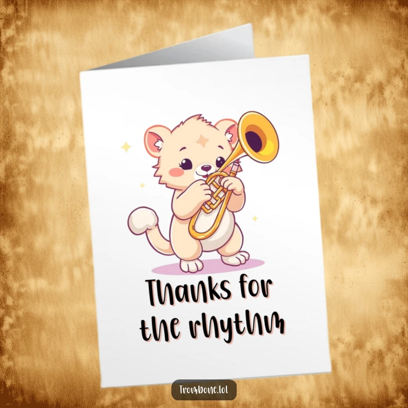 Funny Free Printable Thank You Card: Creature with bouncy paws taps a rhythmic thank you on a trombone.