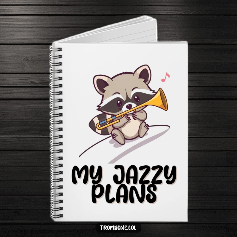 Funny notebook cover with a mischievous raccoon playing a sliding trombone note down a slope, ready for jotting down musical ideas.