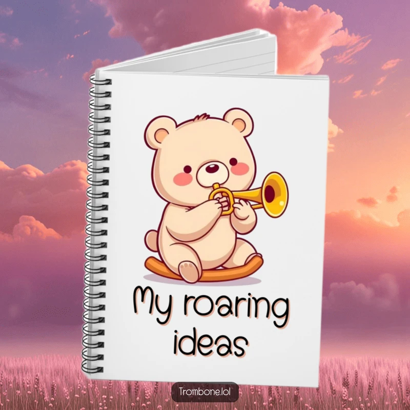 Funny bear notebook cover with a cheerful bear sliding on a trombone, symbolizing musical inspiration for note-taking.