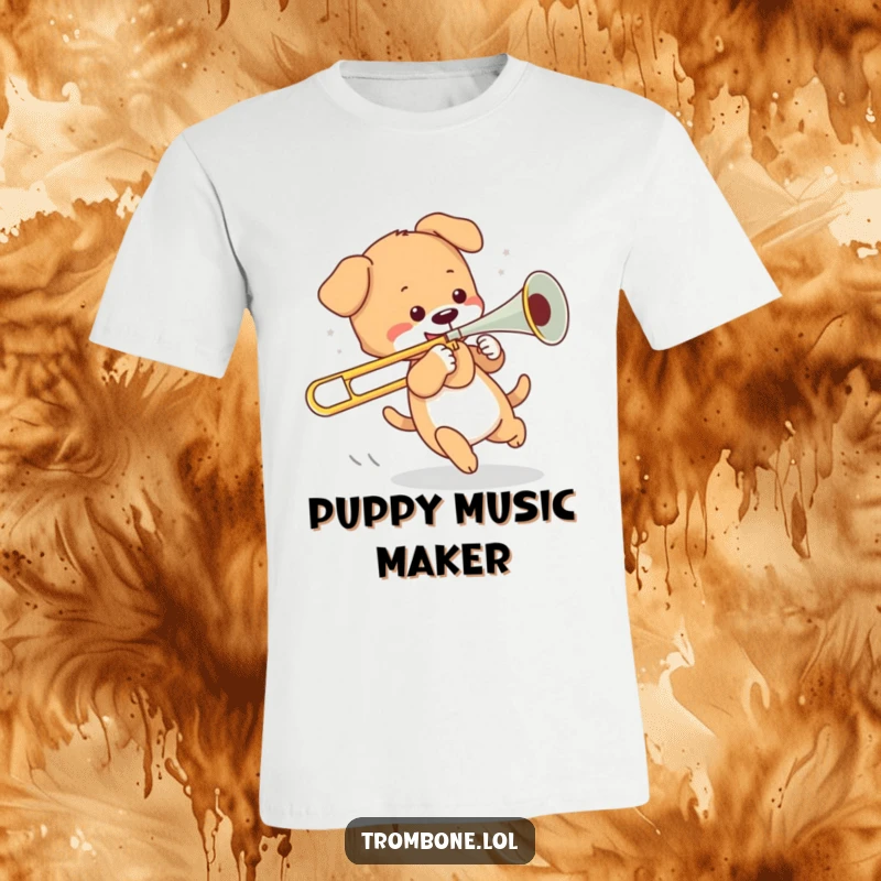 Funny t-shirt design of a playful puppy chasing its tail, comically entangled with the slide of a trombone.