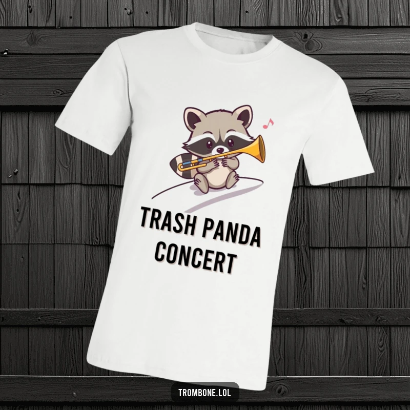 Funny t-shirt design of a mischievous raccoon sliding down a slope, playing a sliding trombone note with a grin.