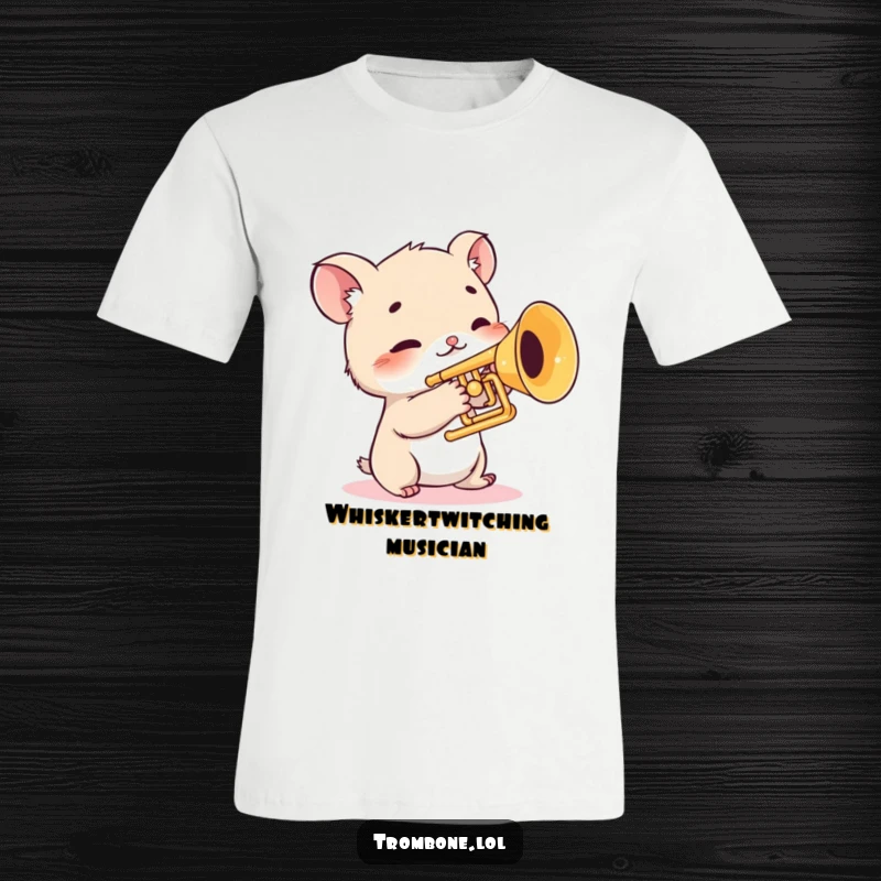 Funny t-shirt depicting a shy creature with twitching whiskers gingerly touching the valves of a trombone, timid musician design, cute animal graphic.