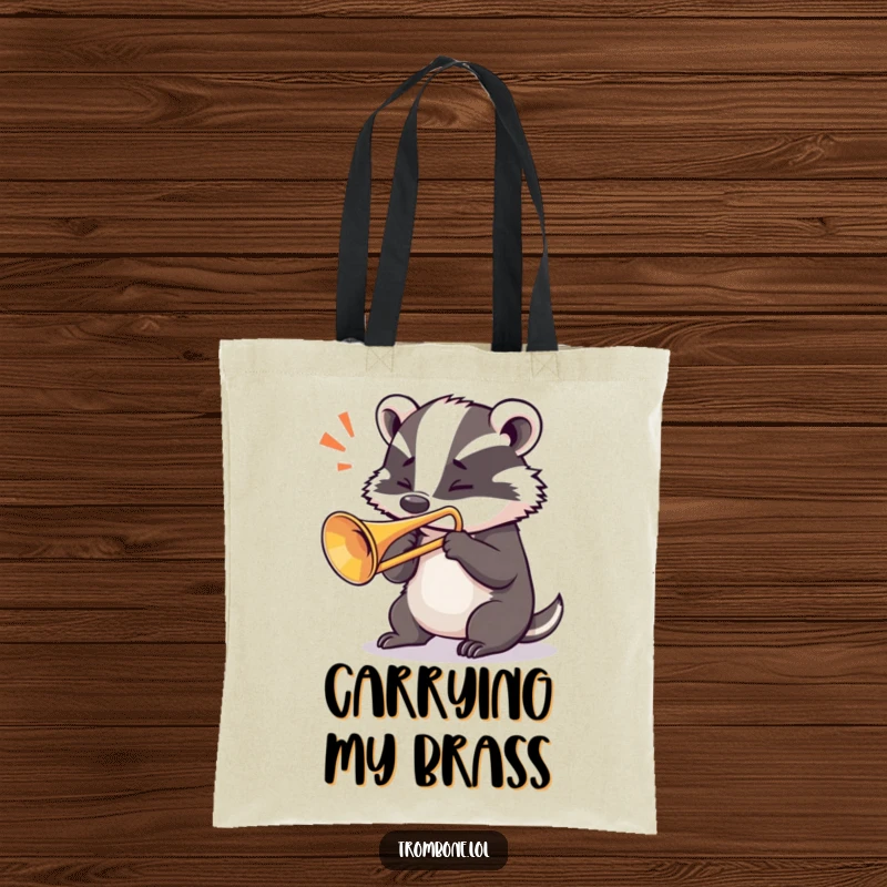 Funny badger tote bag showing a determined badger blowing a loud note from a trombone, perfect for carrying music essentials.