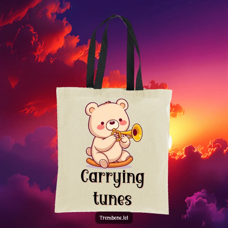 Funny bear tote bag with a cheerful bear sliding on a trombone, a big smile indicating musical bliss for all.