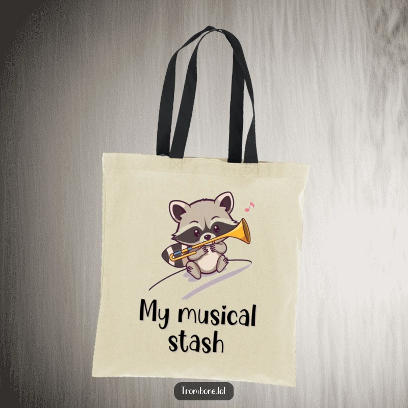 Funny tote bag print of a mischievous raccoon sliding down a hill, playing a trombone note with musical notes floating around.