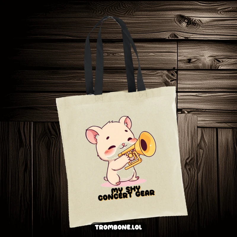 Funny tote bag showcasing a shy creature with twitching whiskers gingerly touching the valves of a shiny trombone, musical accessory, animal art tote.